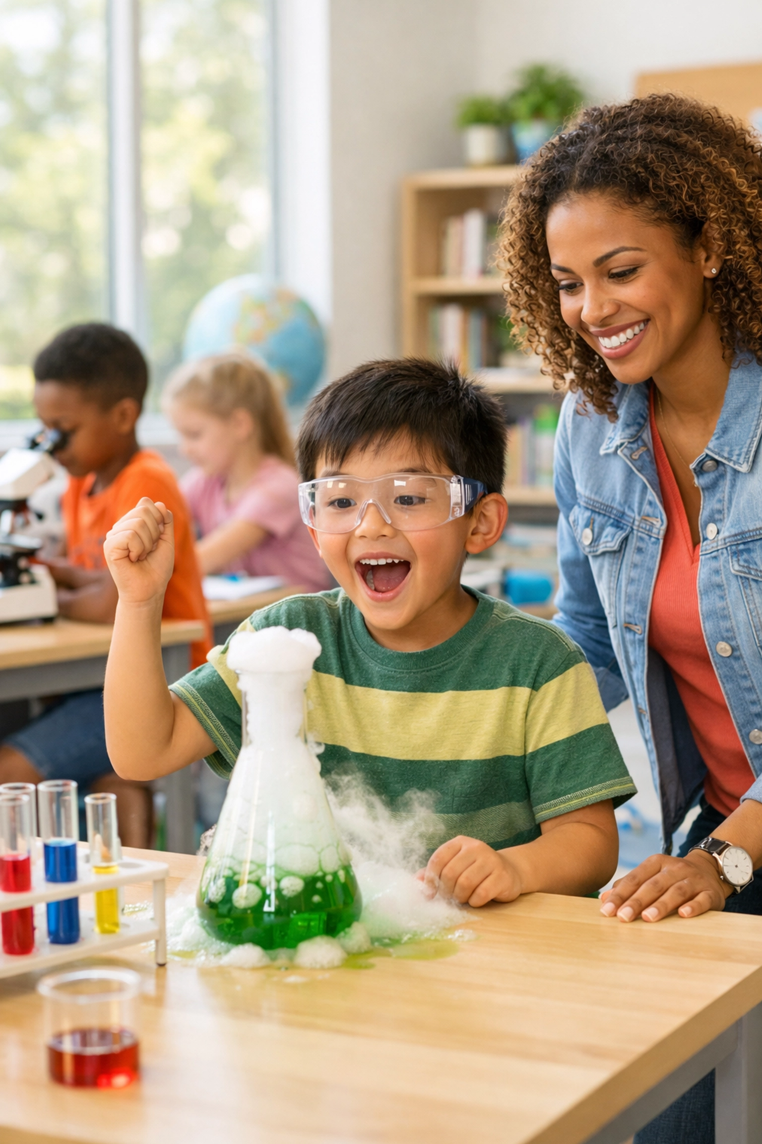 Educator and children in a lab, showcasing a neuro-affirming child neuropsychological assessment approach in San Diego.