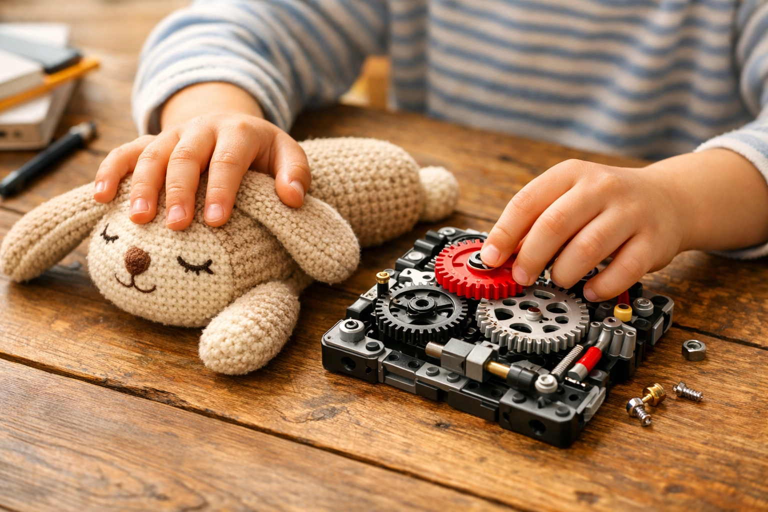 Child's hands with gears and a toy, illustrating asynchronous development in twice-exceptional children in San Diego.