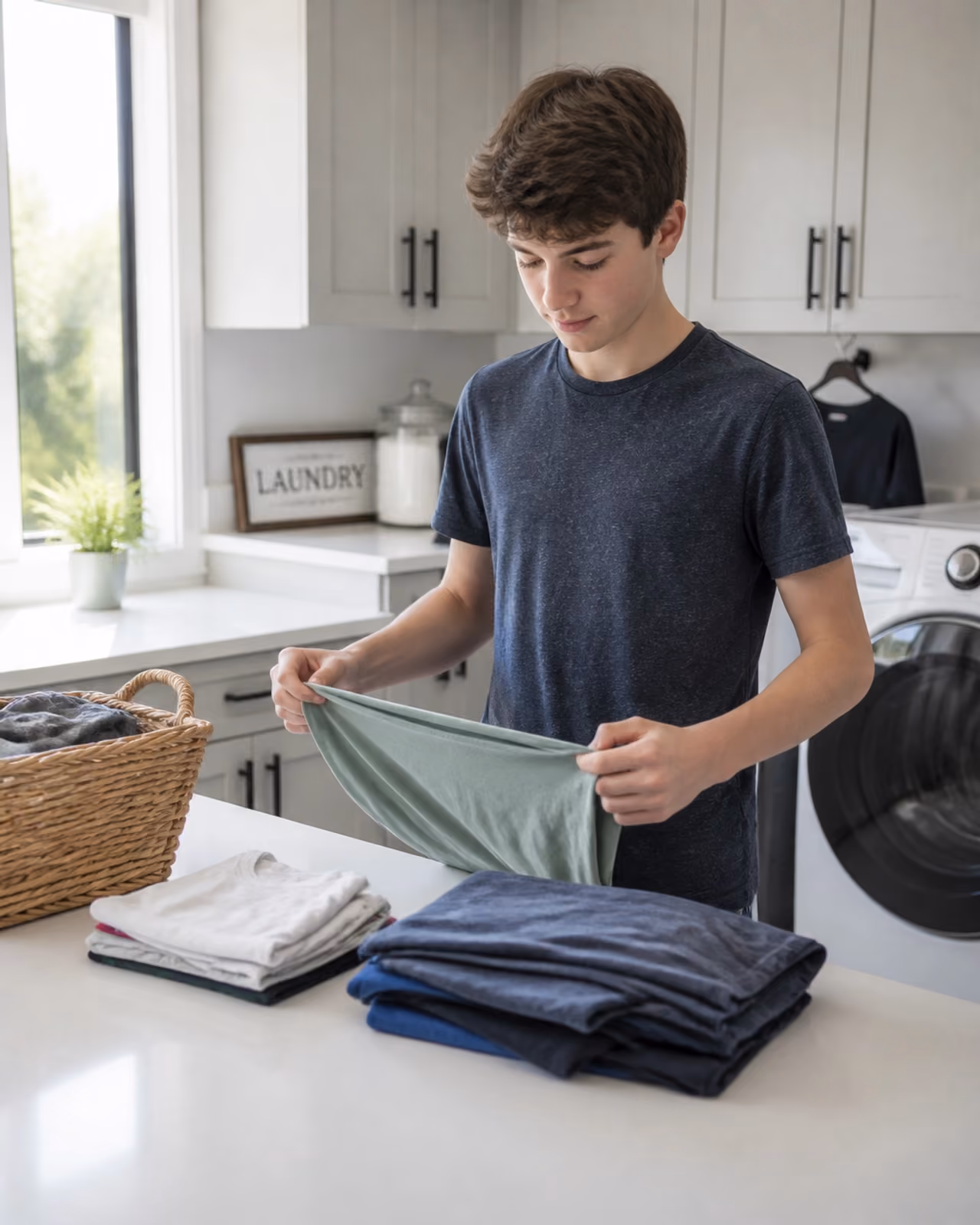 A teenager focused on folding laundry, illustrating the promotion of independence and life skills.