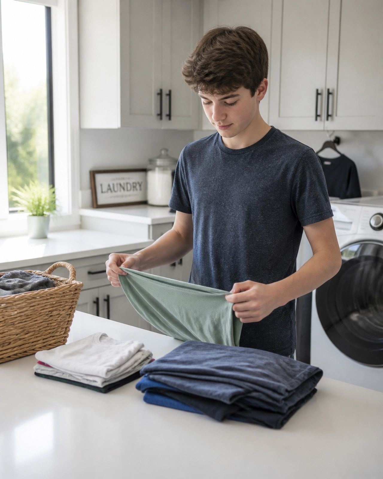 A teenager focused on folding laundry, illustrating the promotion of independence and life skills.