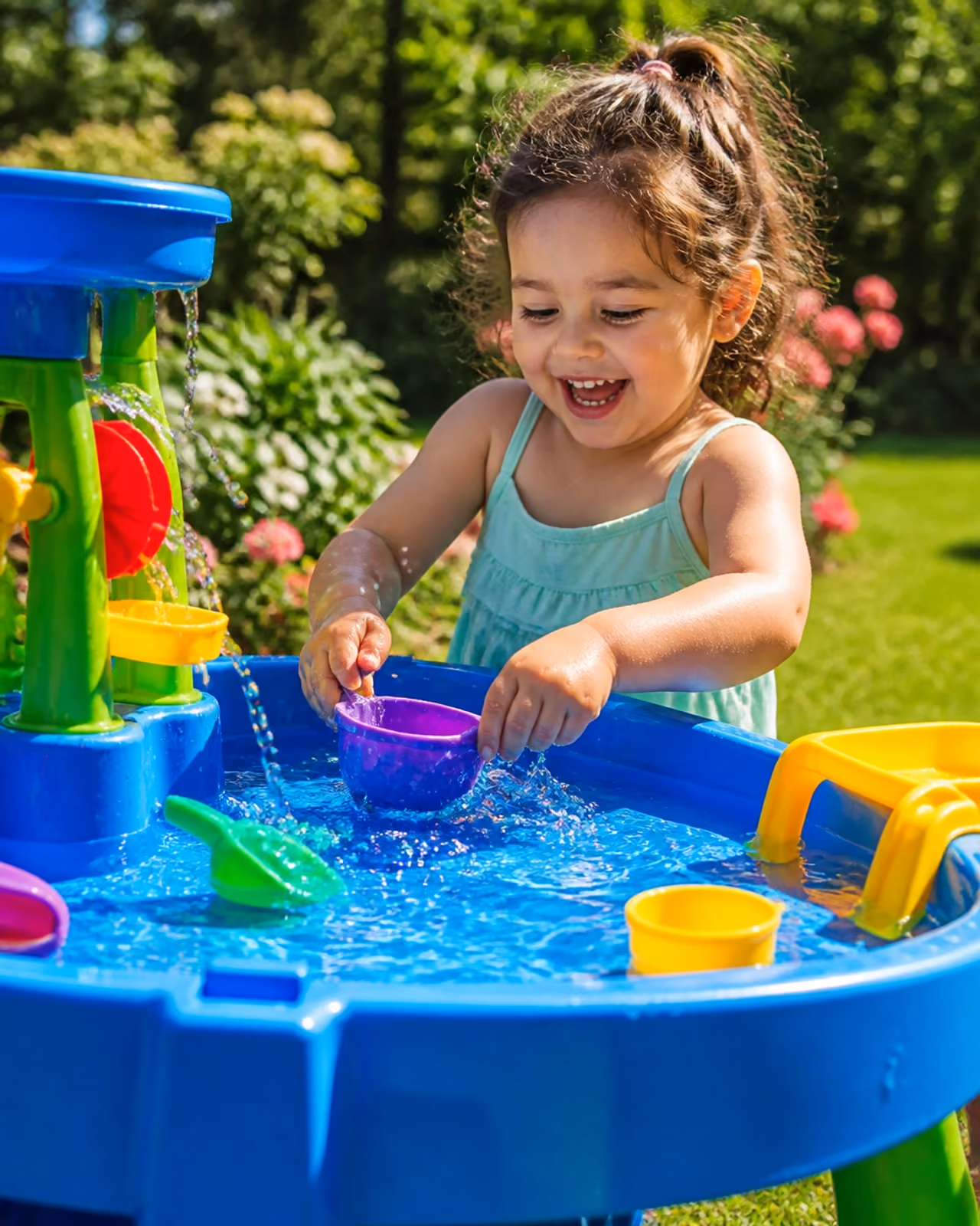 A child playing with a sensory water table in a sunlit backyard, emphasizing the importance of sensory support.