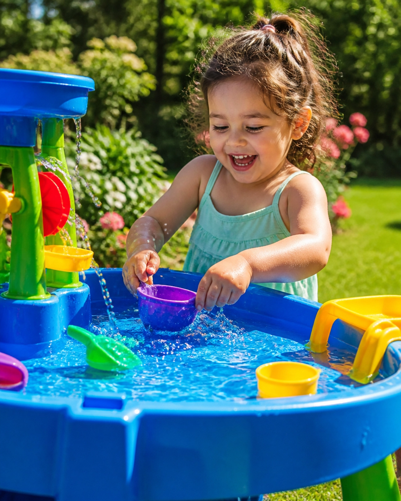 A child playing with a sensory water table in a sunlit backyard, emphasizing the importance of sensory support.