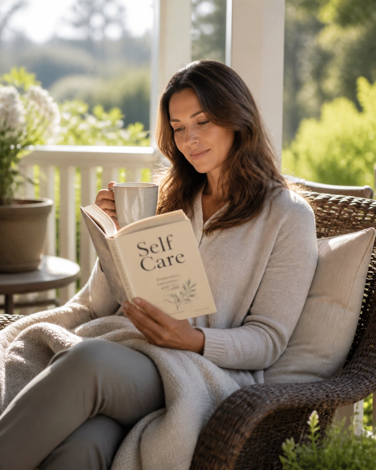A parent sitting quietly outdoors with a book and tea, representing caregiver self-care and well-being.
