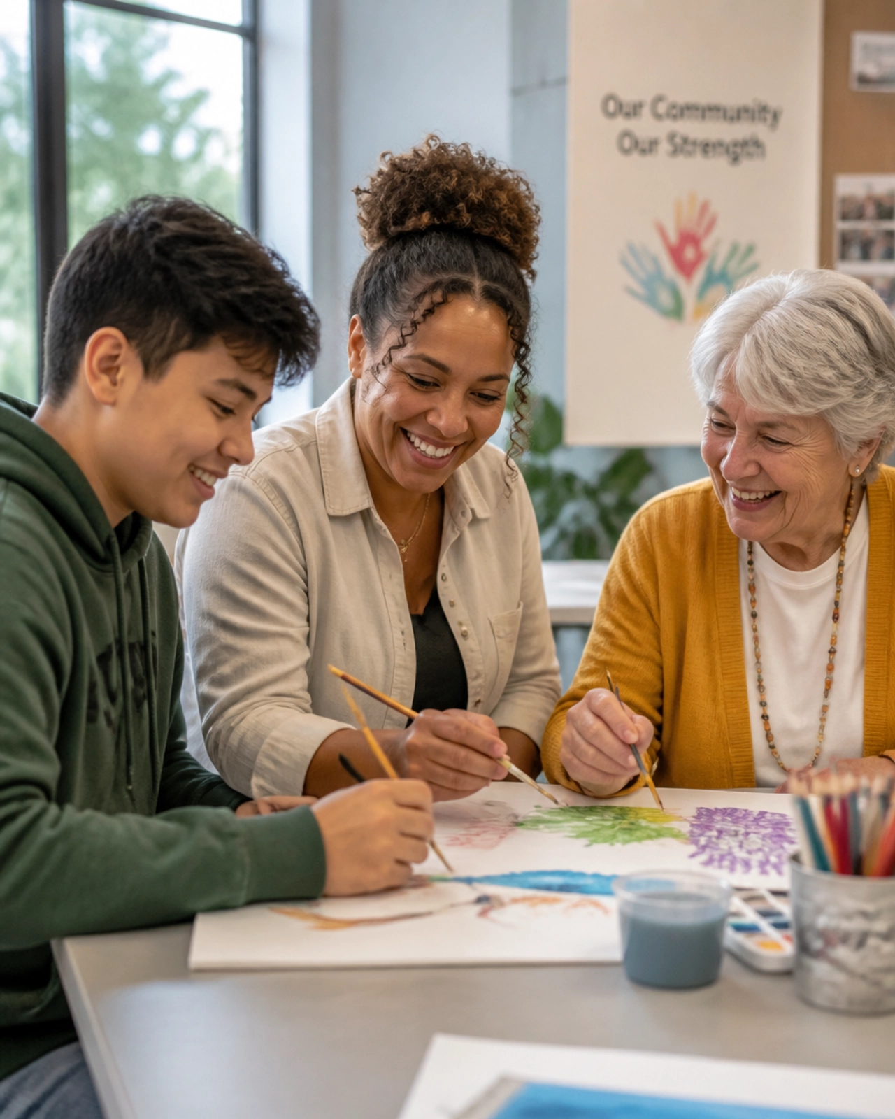 A diverse group of people engaged in a shared activity in a sunlit community space
