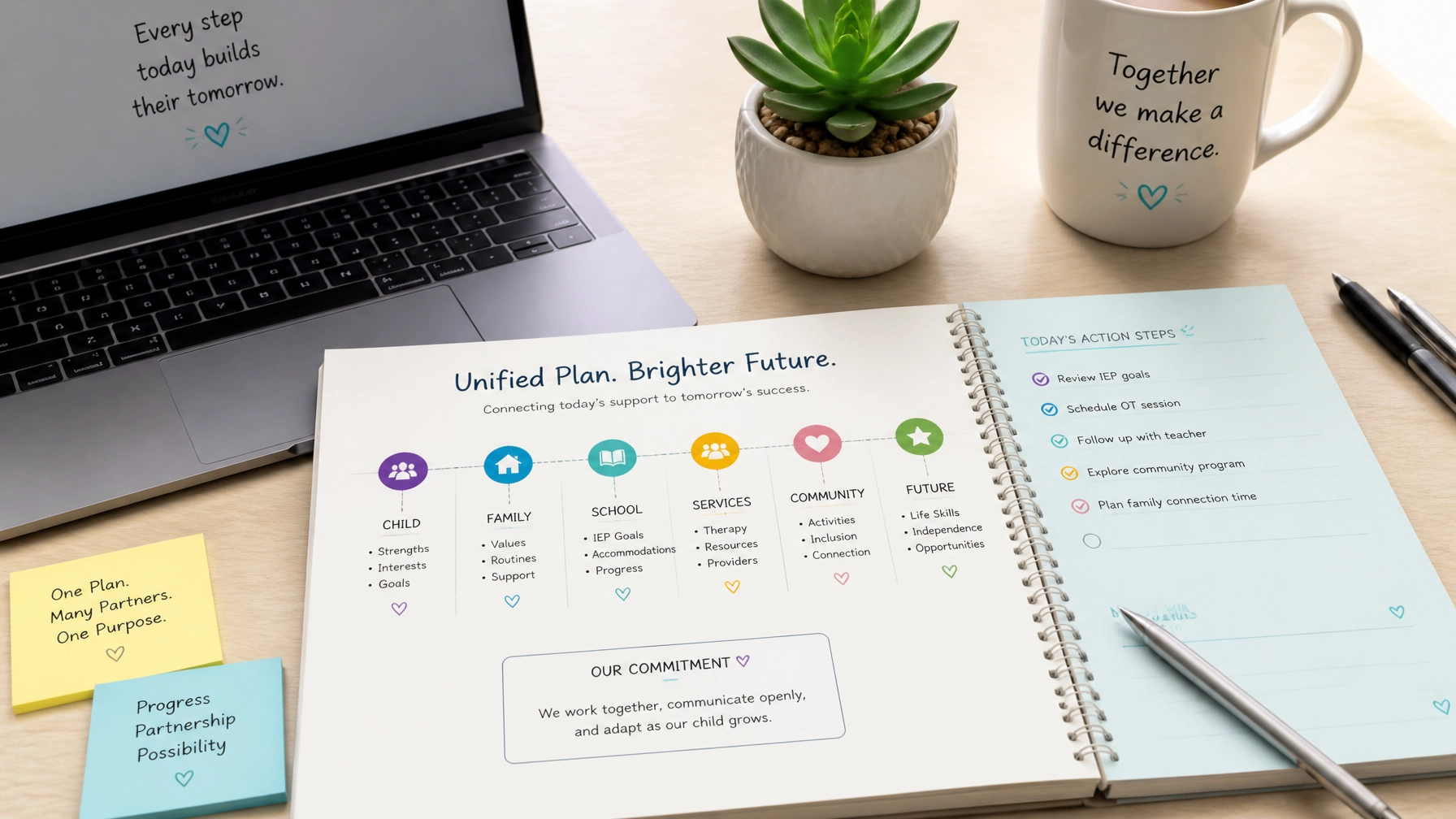 An organized planner and roadmap on a bright desk representing a unified plan