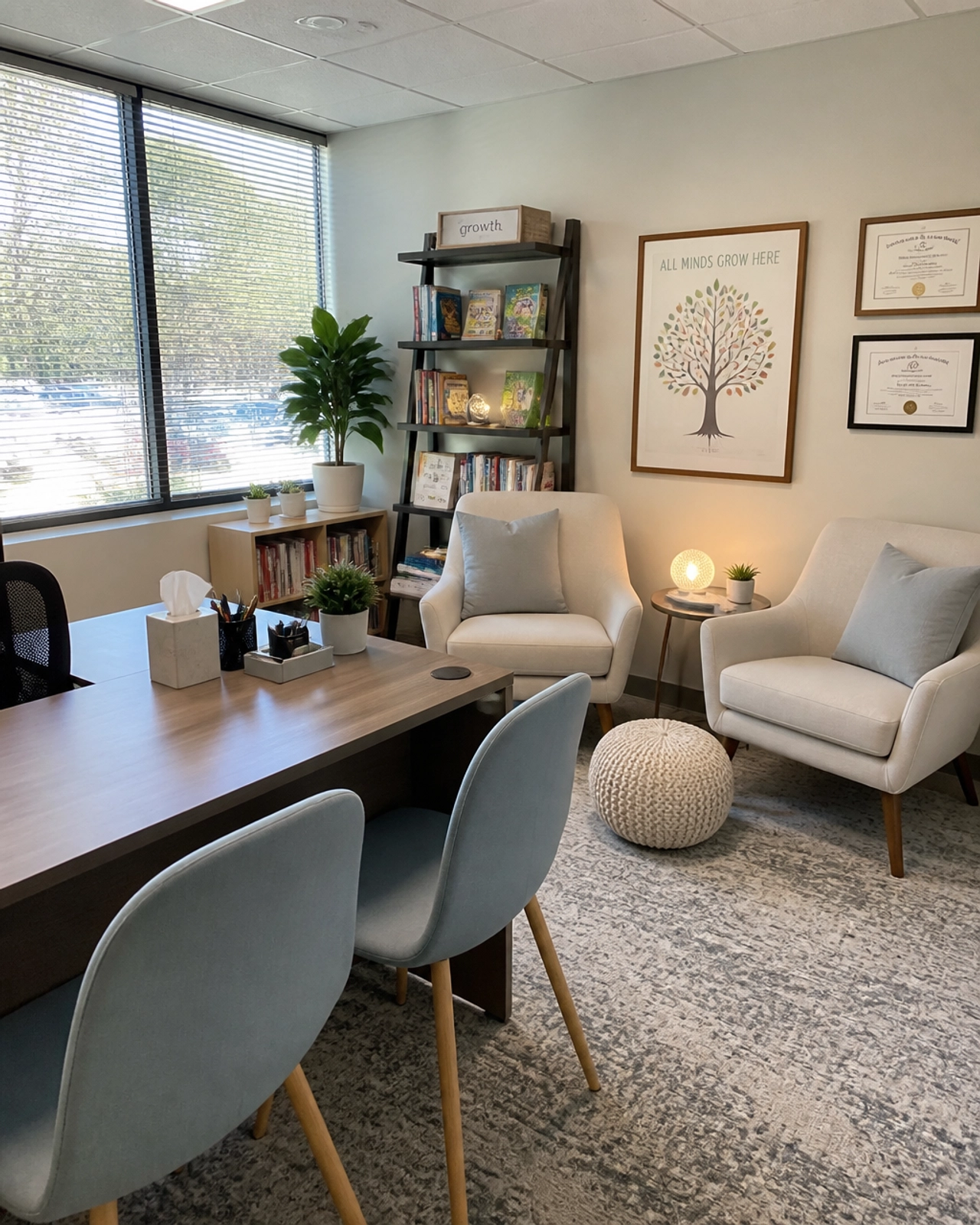 A bright, neuro-affirming office space designed for educational assessments