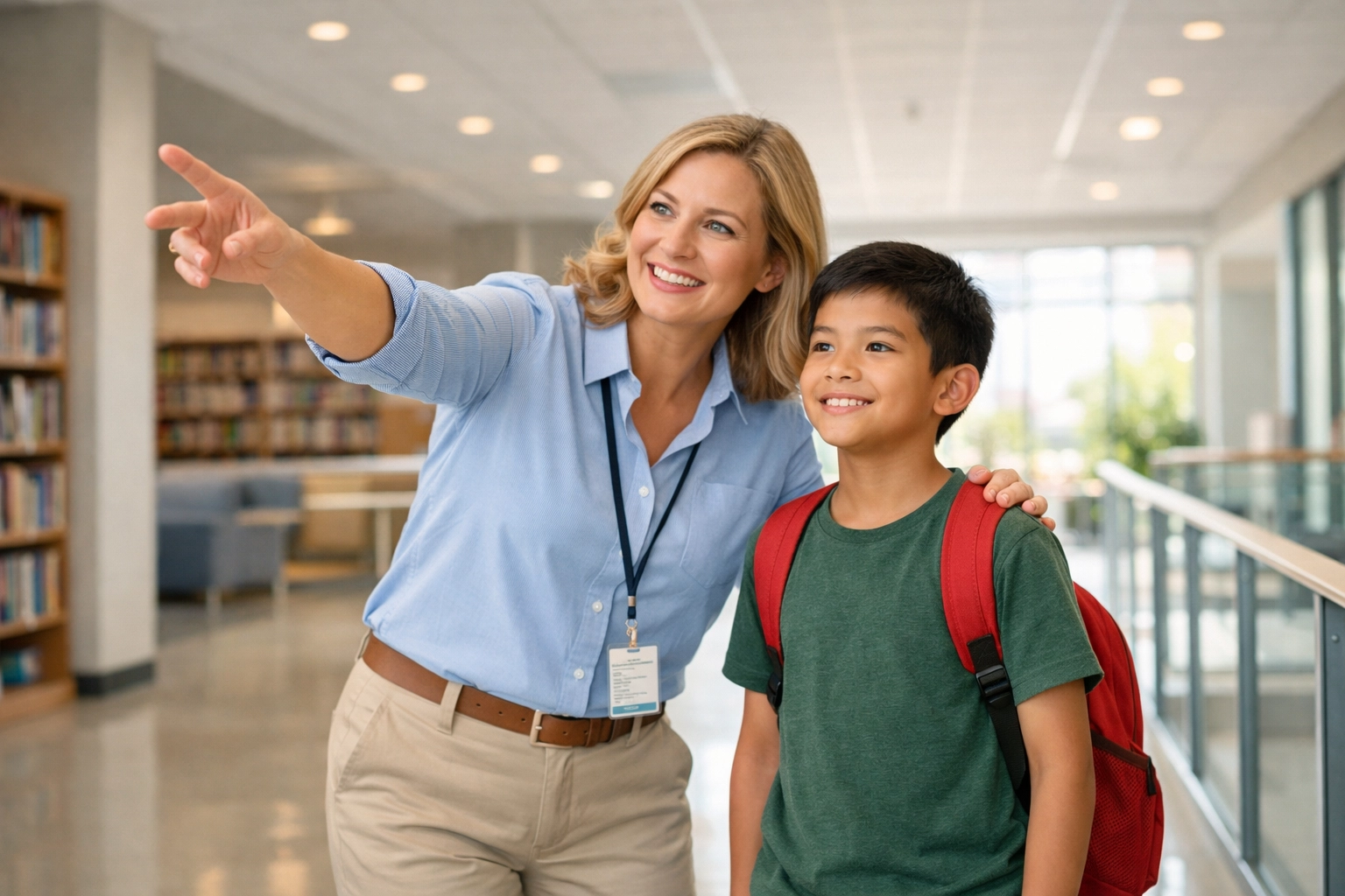 Supportive teacher mentoring a student in a modern school hallway to build academic confidence.