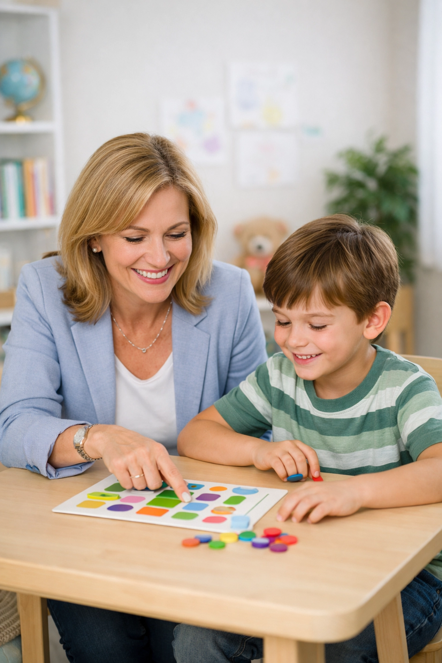 Educational psychologist providing supportive learning assistance to a smiling young student.