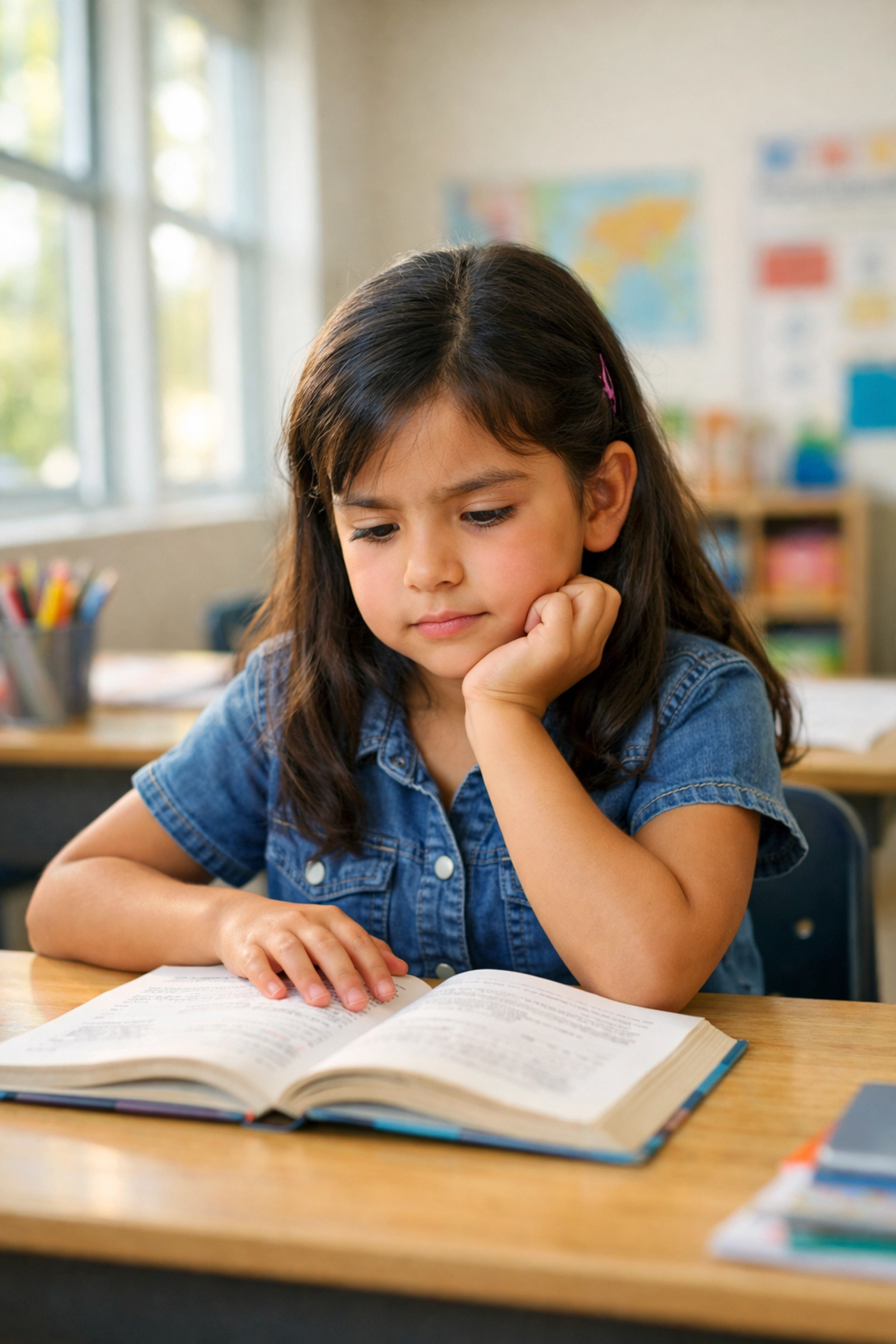 Young student overcoming dyslexia and language barriers while studying in a bright classroom.