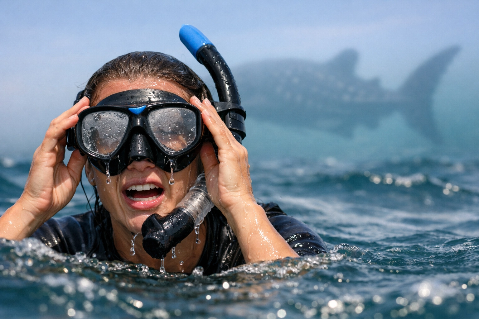 A frustrated swimmer with leaking gear and a whale shark, symbolizing a student's 'can't' versus 'won't' moment.