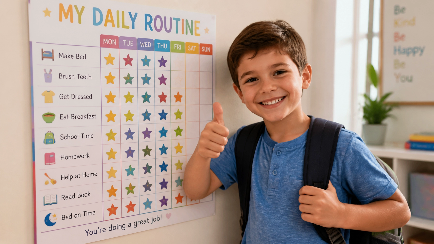 A child smiling and giving a thumbs up next to a routine chart