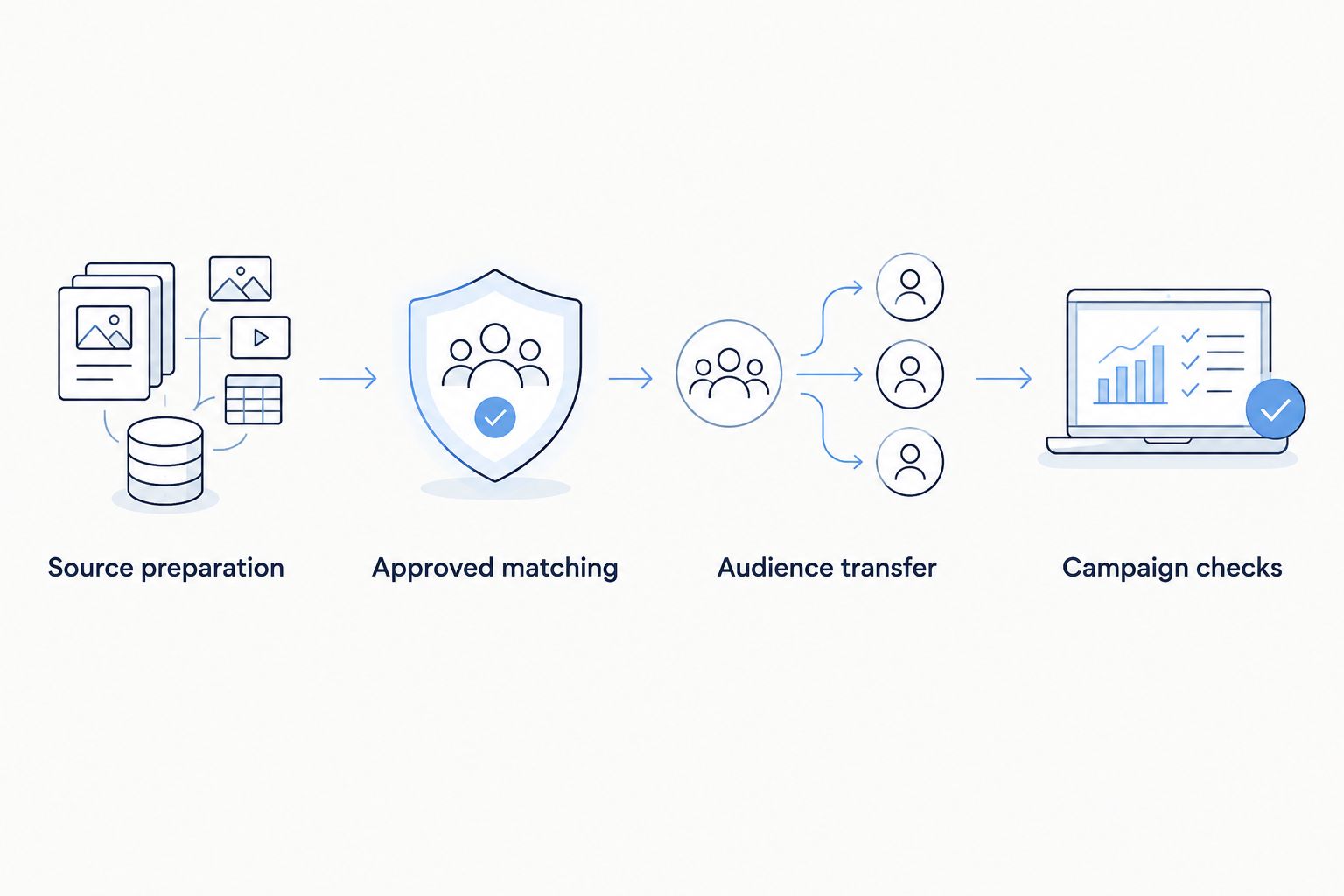 Workflow from source preparation through approved matching and audience transfer to campaign checks