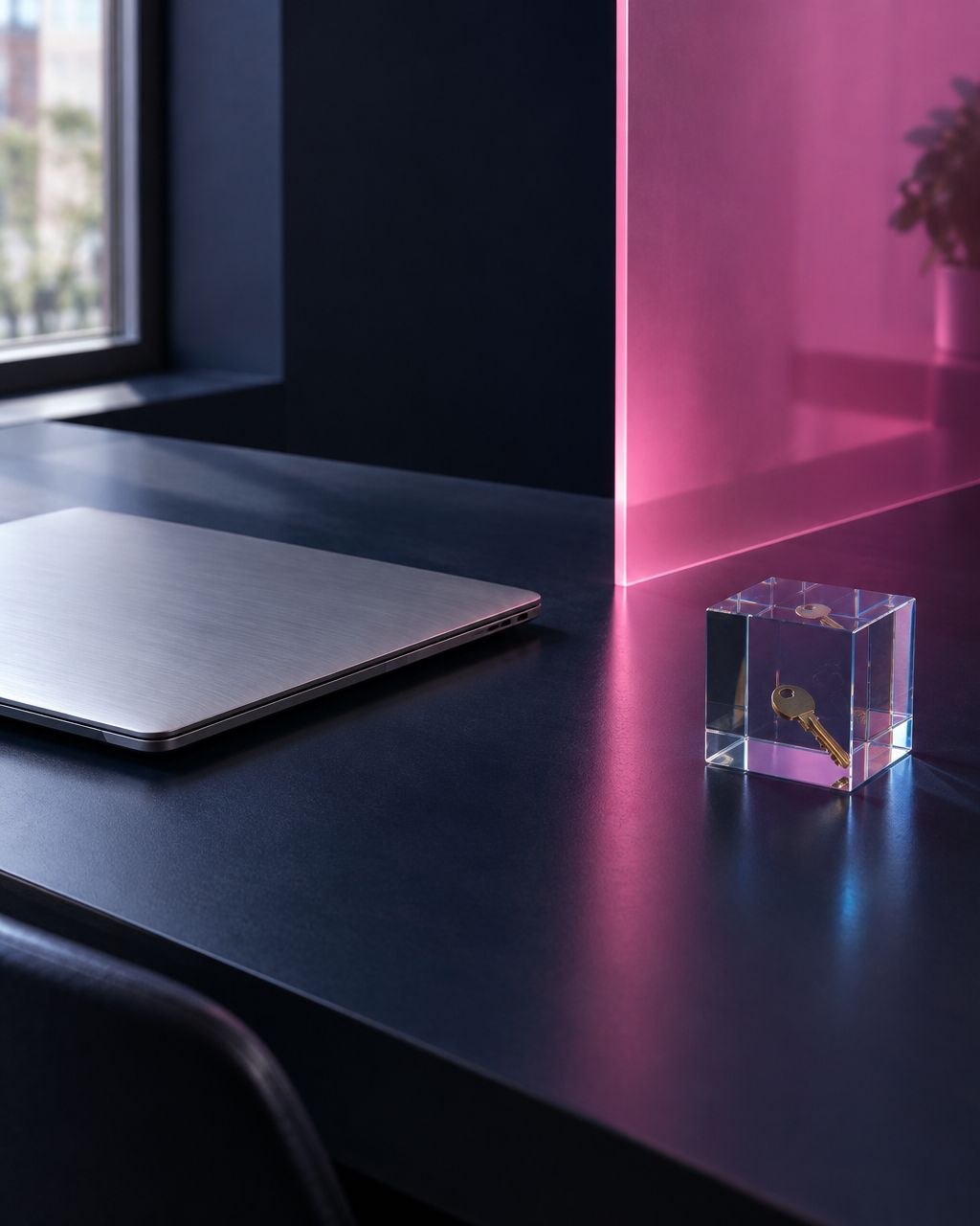 Editorial illustration of advertising data ownership: an aluminium laptop and a key inside a glass cube beside a pink partition.