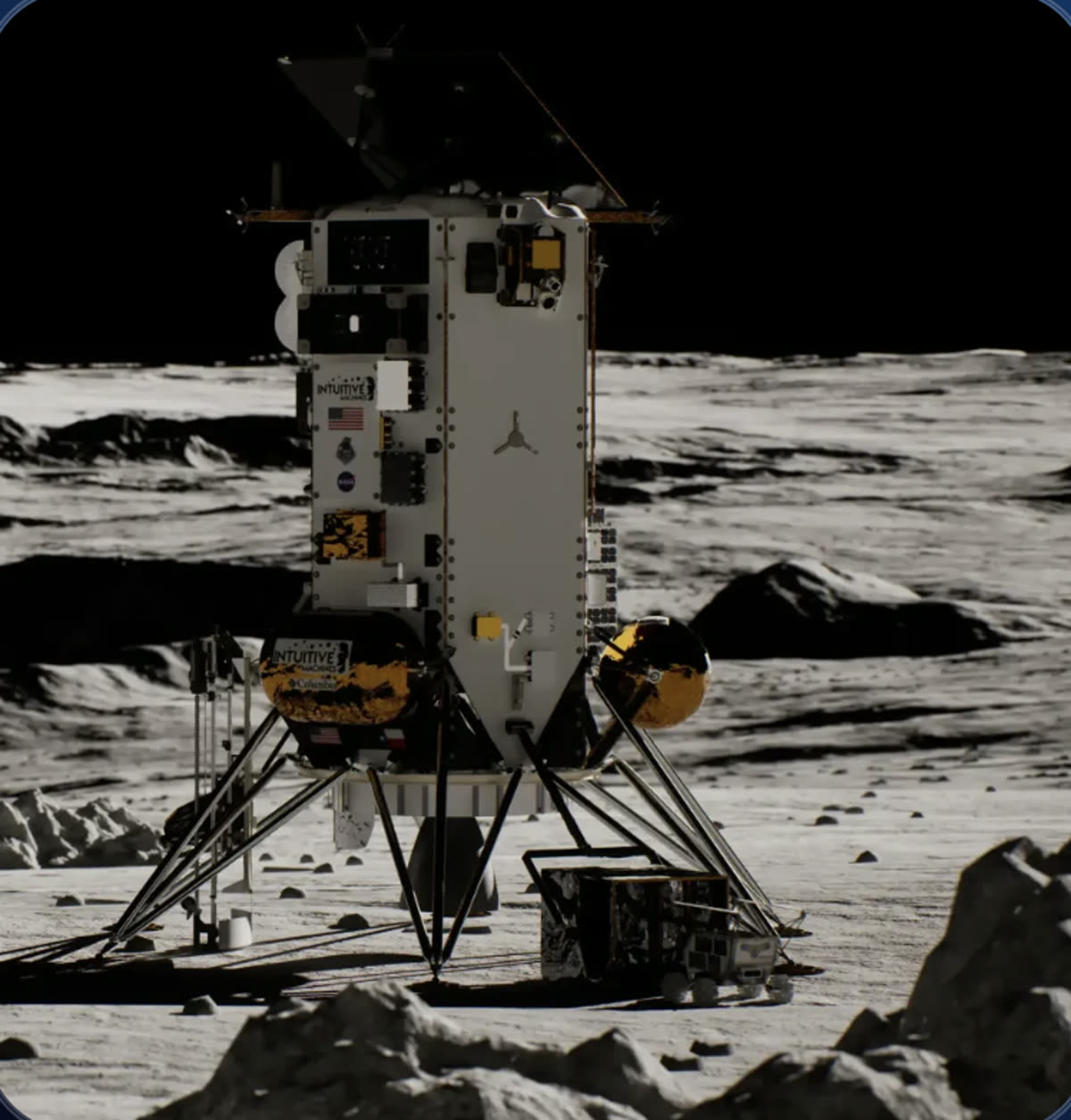 Robotic lunar lander with legs on rocky moon surface under black sky.