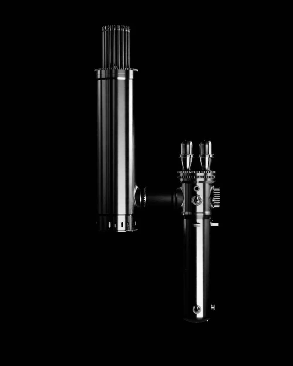 Metallic cylindrical mechanical device with vertical and horizontal components on a black background.
