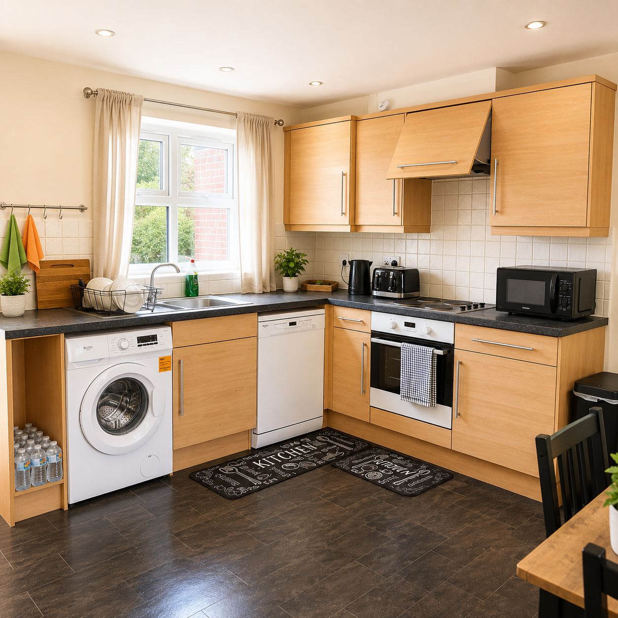 Modern kitchen with wooden cabinets, washing machine, dishwasher, oven, microwave, and black mats on dark floor.