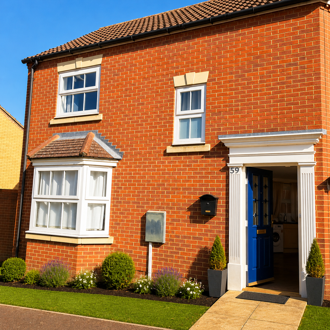 Red brick house with white framed windows, a blue open front door, and neatly trimmed garden.