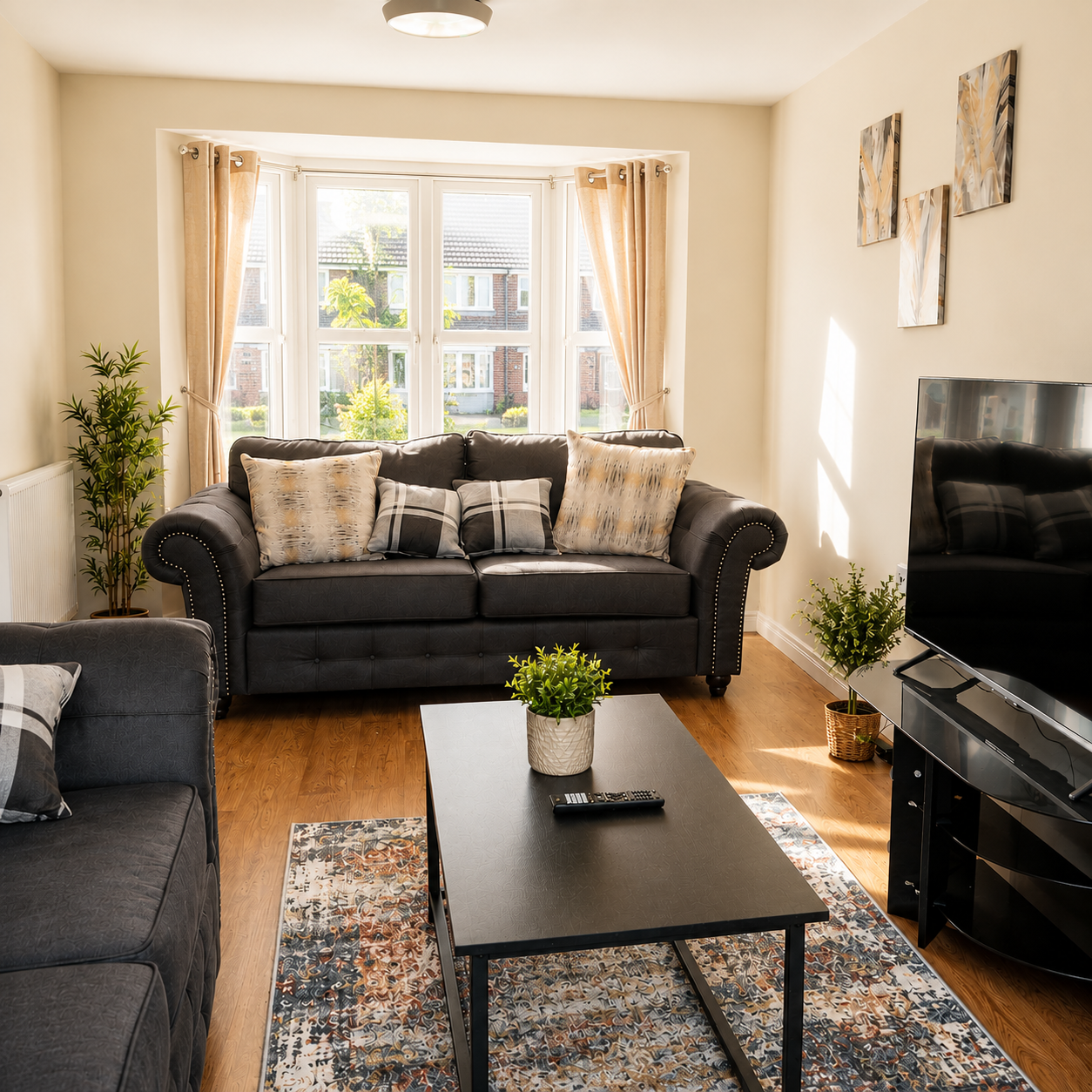 Bright living room with dark sofas, patterned rug, coffee table with plant, and large TV by the window.