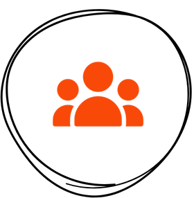 Icon of three orange people figures representing a group or community against a white background.