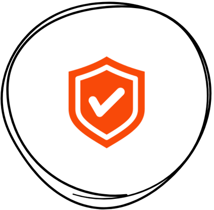 Orange shield icon with black check mark symbolizing protection or security.