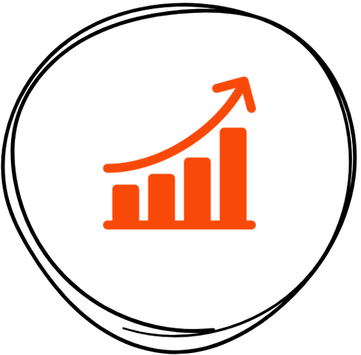Red bar chart with an upward arrow showing increasing vertical bars.