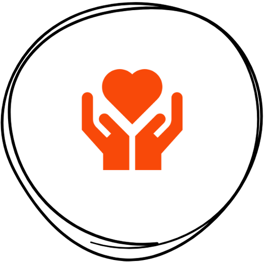 Two orange hands holding a heart icon on a black background symbolizing care or support.