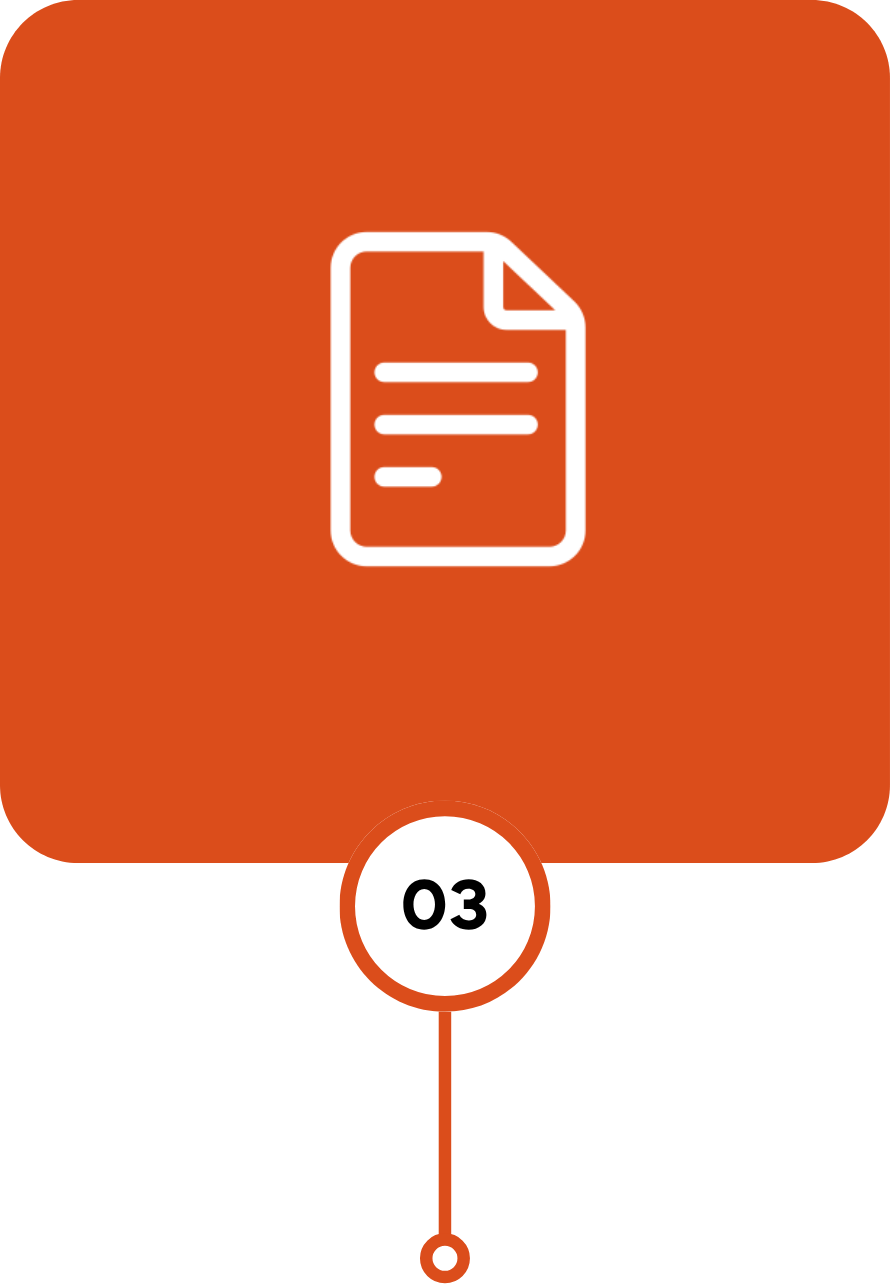 Orange square with white document icon and number 03 in a circle below.