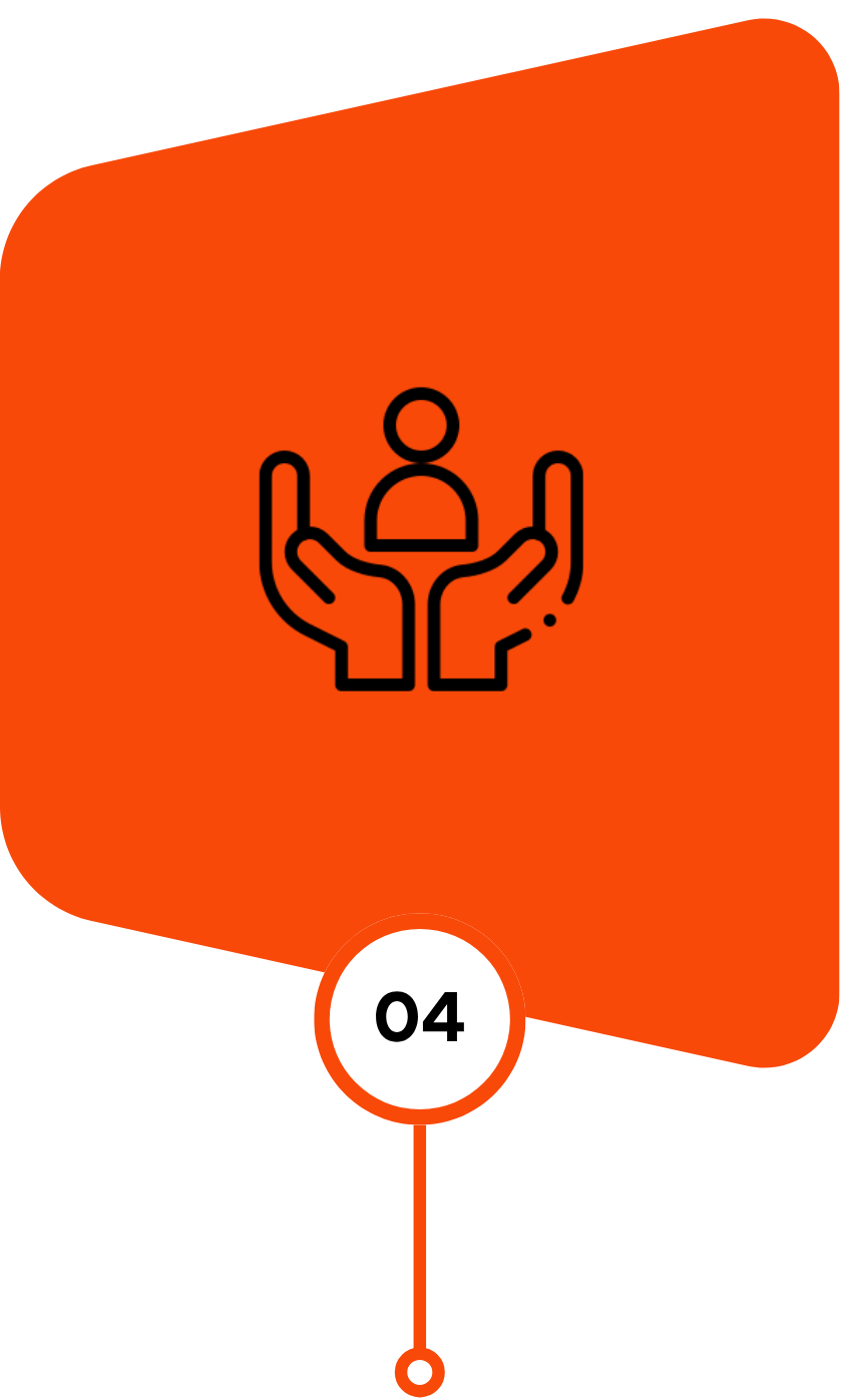 Black line icon of two hands holding a person figure on an orange irregular shape with number 04 below.