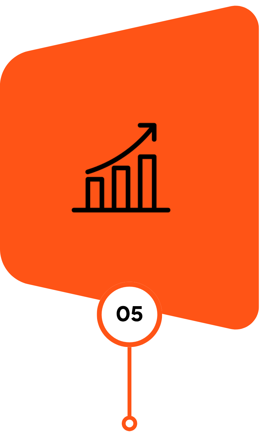 Orange shape with a black upward bar chart icon and the number 05 inside a connected white circle.