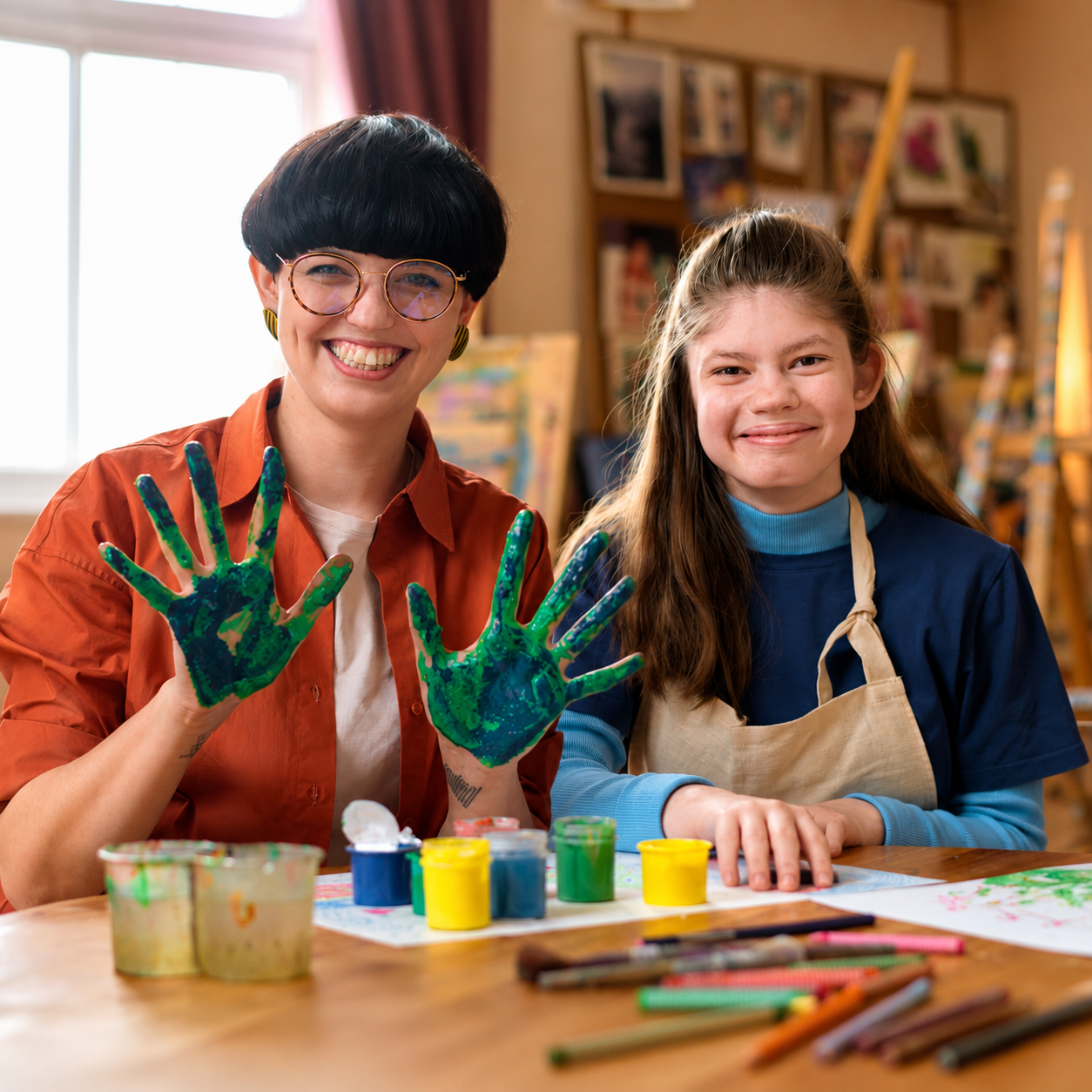 Two smiling women at a table with paint, one showing hands covered in green and blue paint.