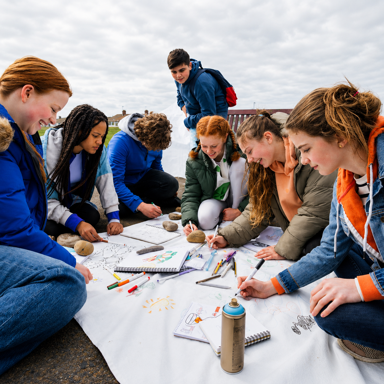 Group of teenagers sitting outdoors, drawing and coloring on a large white sheet with art supplies.