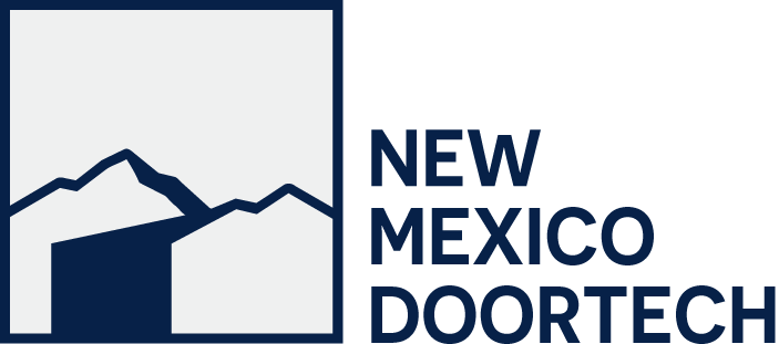 Logo with stylized dark blue mountain peaks and a doorway shape inside a square next to the text 'NEW MEXICO DOORTECH' in dark blue capital letters.