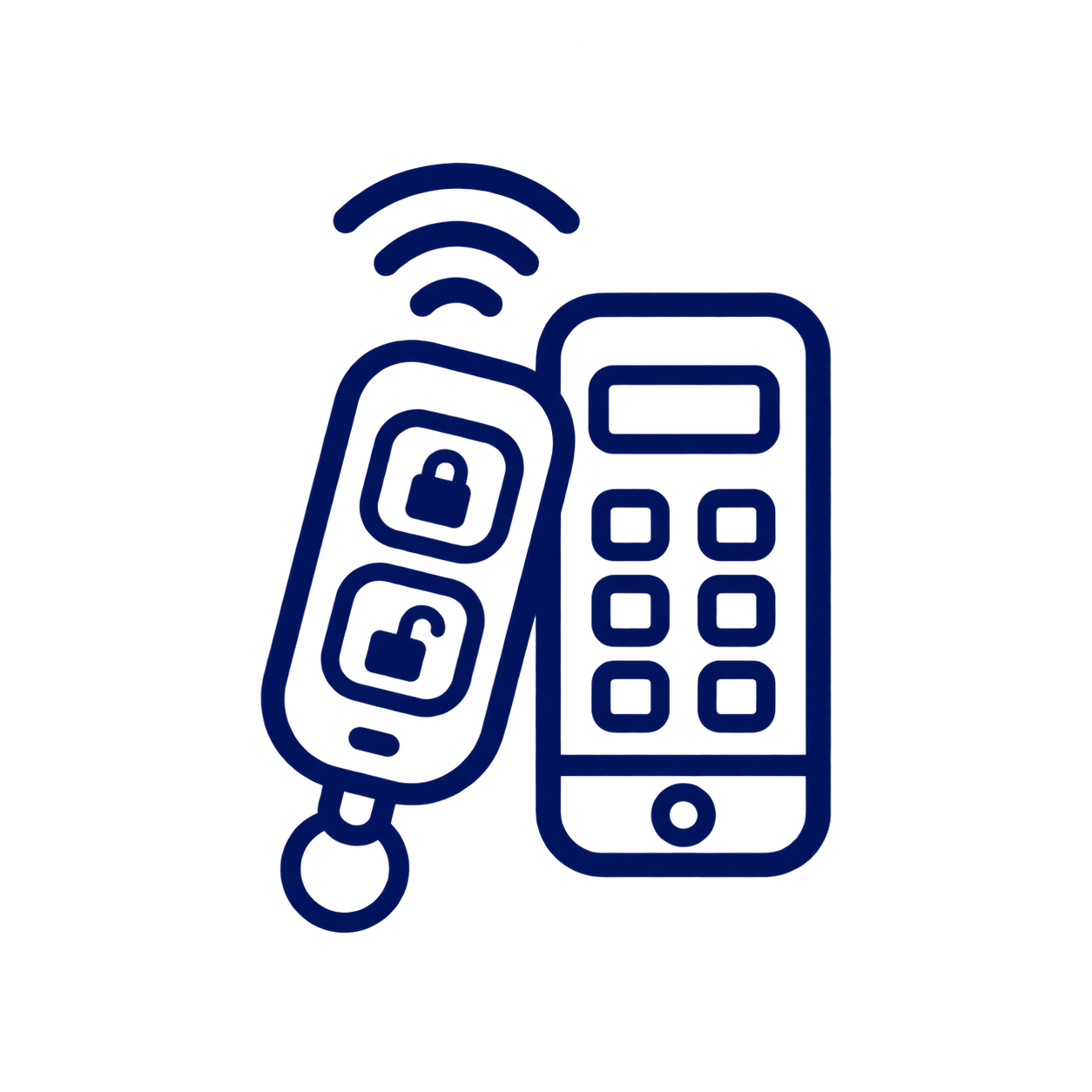 Outline illustration of a remote control key fob with lock and unlock buttons next to a numeric keypad device with a small screen, representing remote access control.