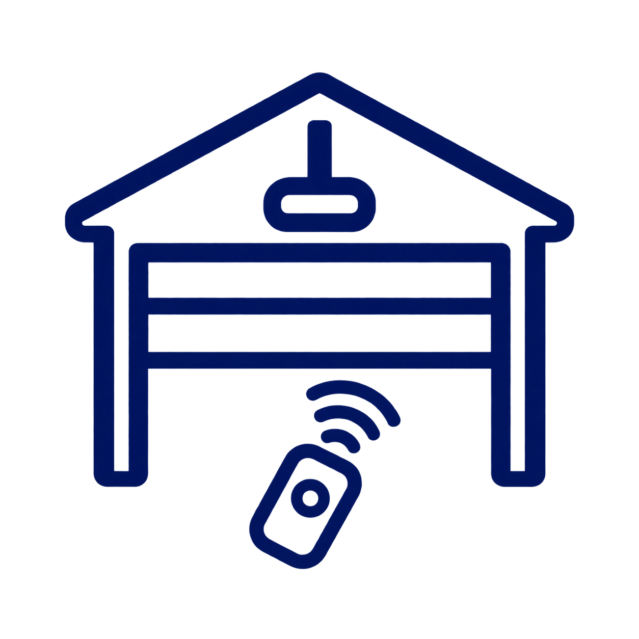 Dark blue icon of a garage with an automatic door and a remote control emitting wireless signals in front.
