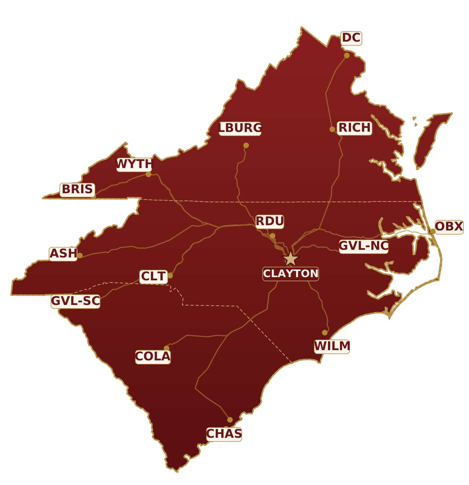 Service-area map of the Carolinas and Virginia, centered on Clayton, N.C.