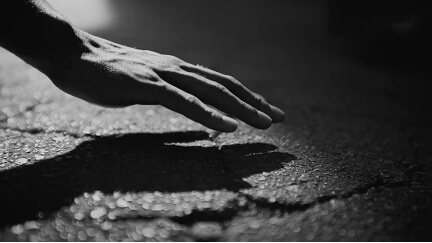 A hand reaching down casting a shadow on a textured ground surface in black and white.