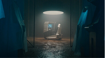 Medical imaging machine illuminated in a dimly lit room with covered equipment on sides.