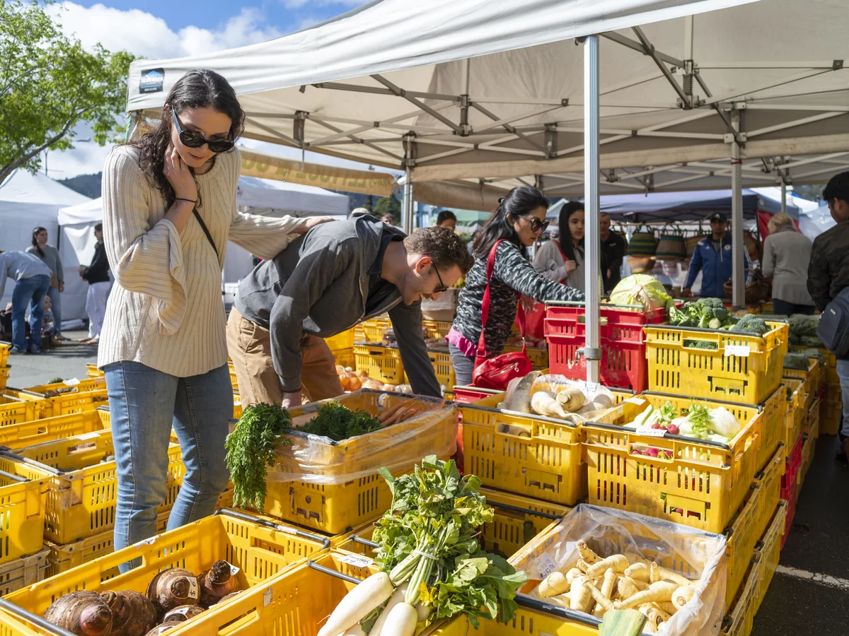 Crates of fresh produce at the Nelson Saturday market