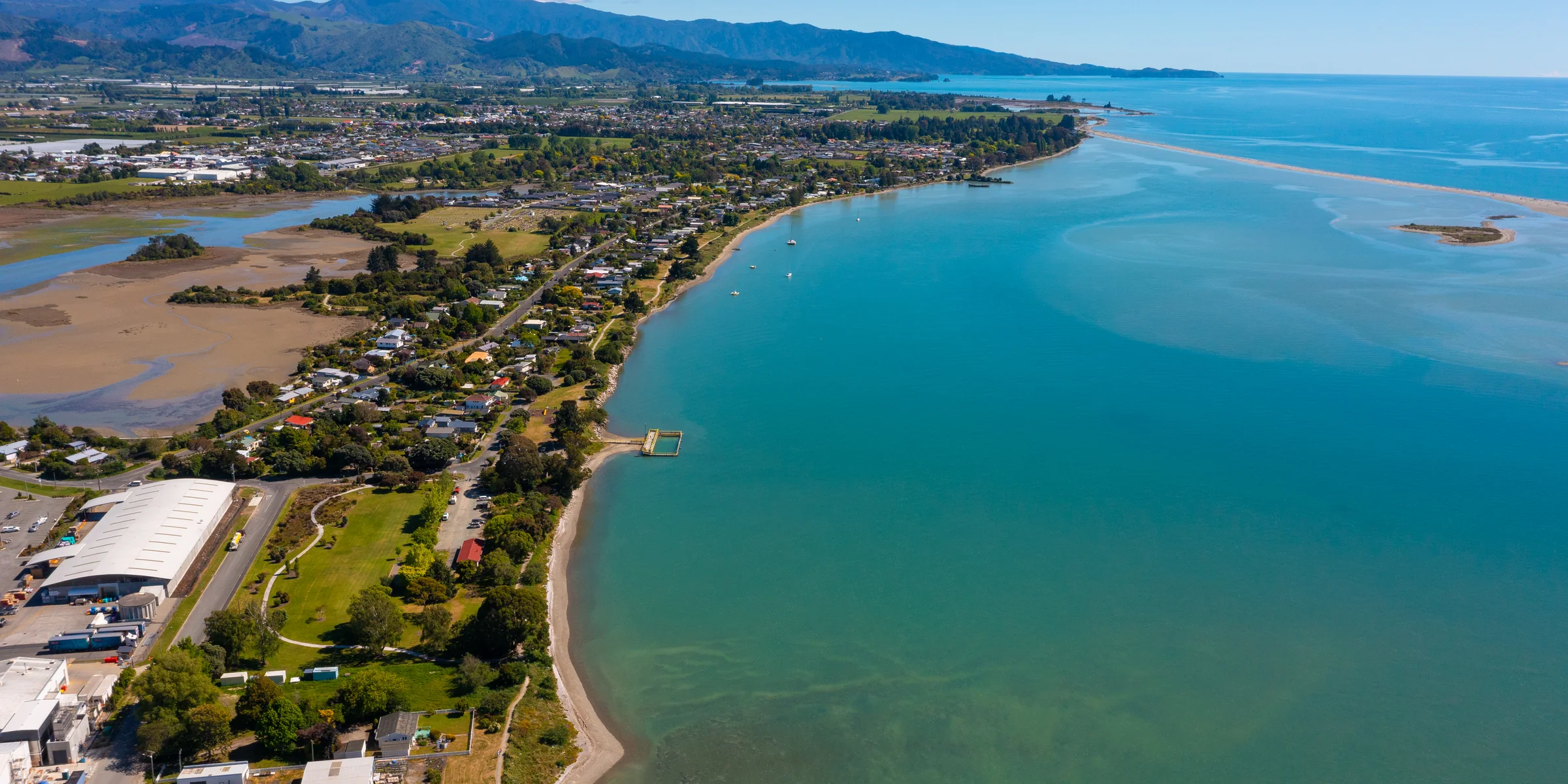 Motueka from the air, growing lands meeting the moana