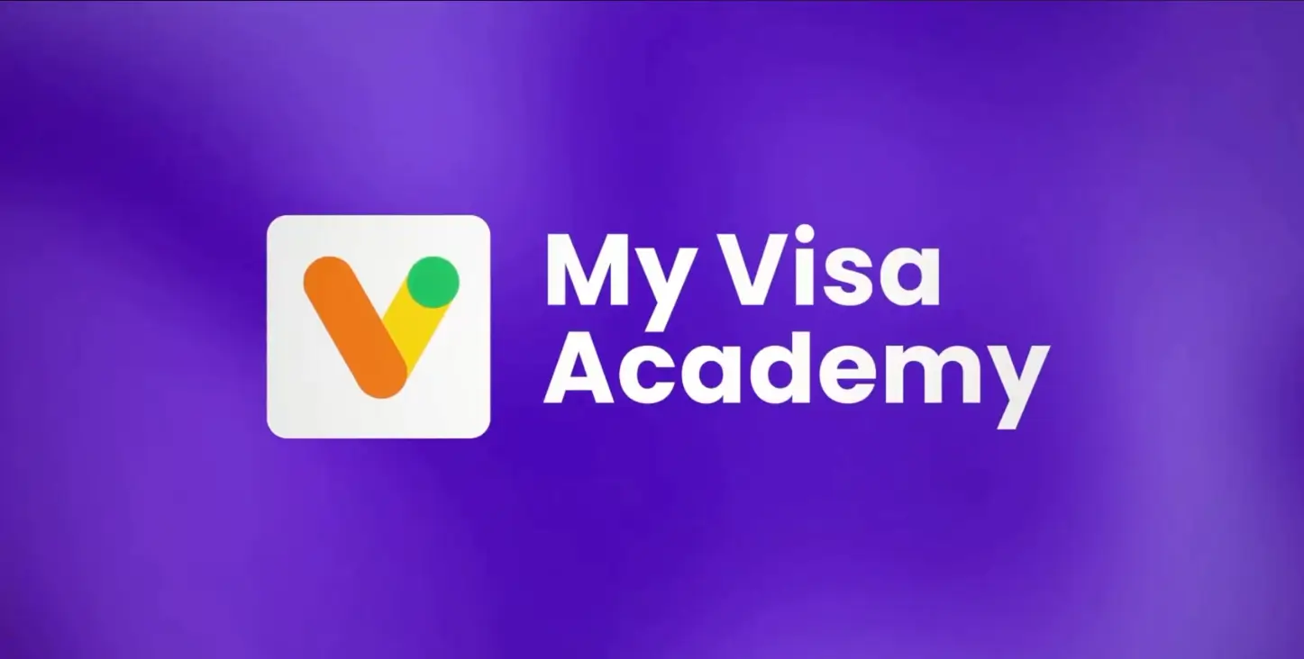 My Visa Academy logo with stylized V in orange, yellow, and green on a purple background.