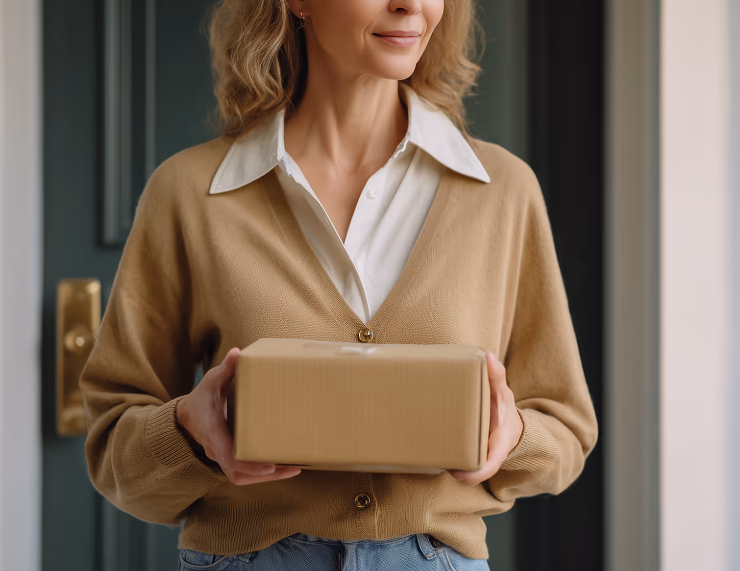 Woman wearing a beige sweater holding a small cardboard package in front of a door.