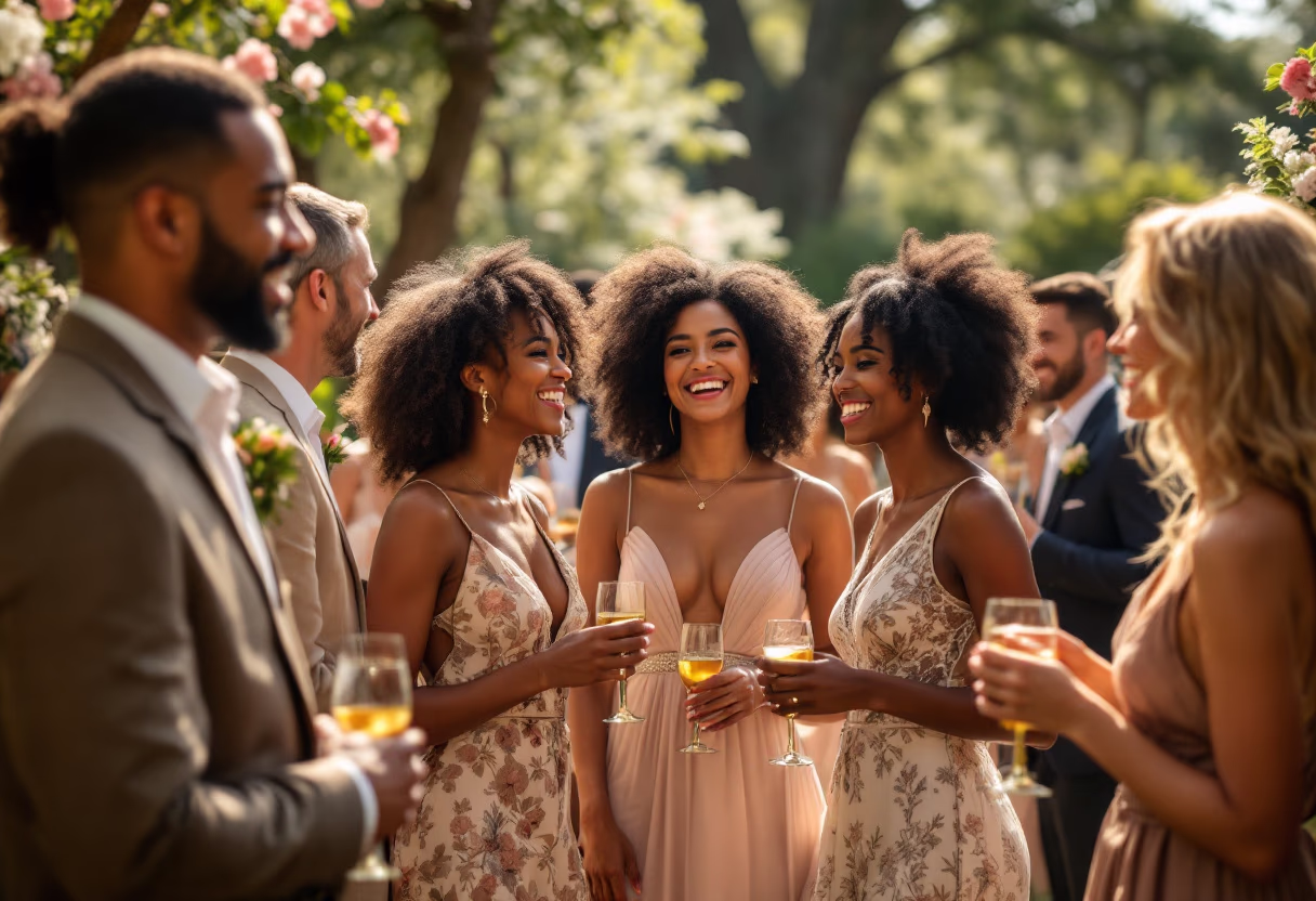 image of happy guests at an elegant garden event (for an event planning service)