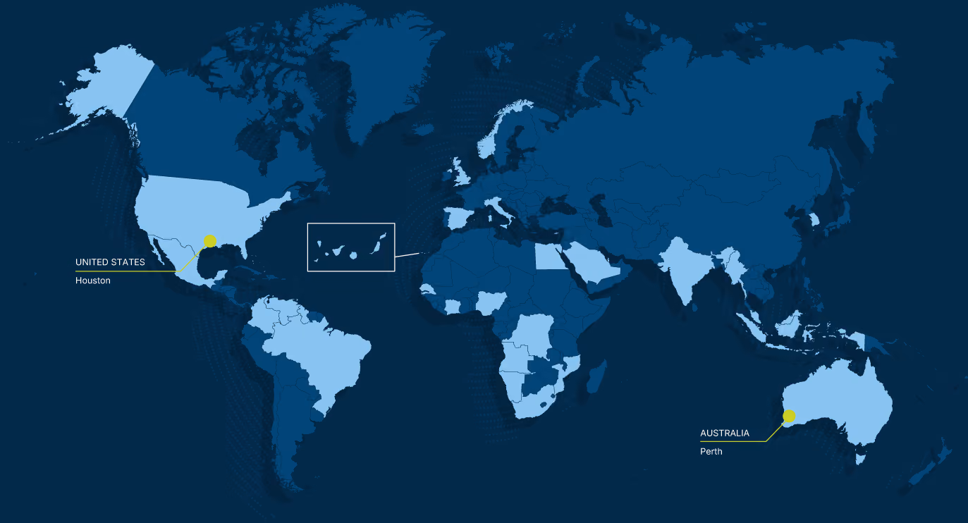 RigCore global presence map showing offices in Houston, USA, and Perth, Australia