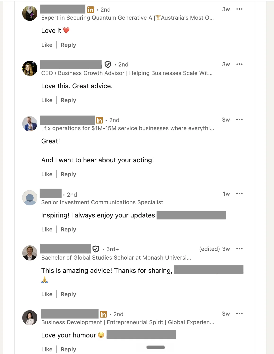 LinkedIn comments on a video script written for a client, showing audience engagement and positive responses