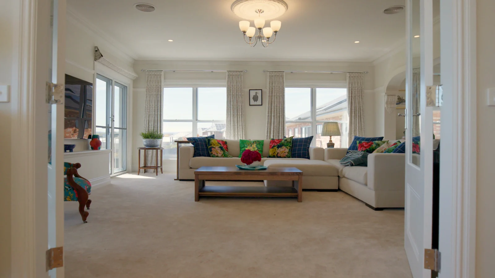 Formal living room with lined curtains, pelmets and a long outlook, by Quicksew