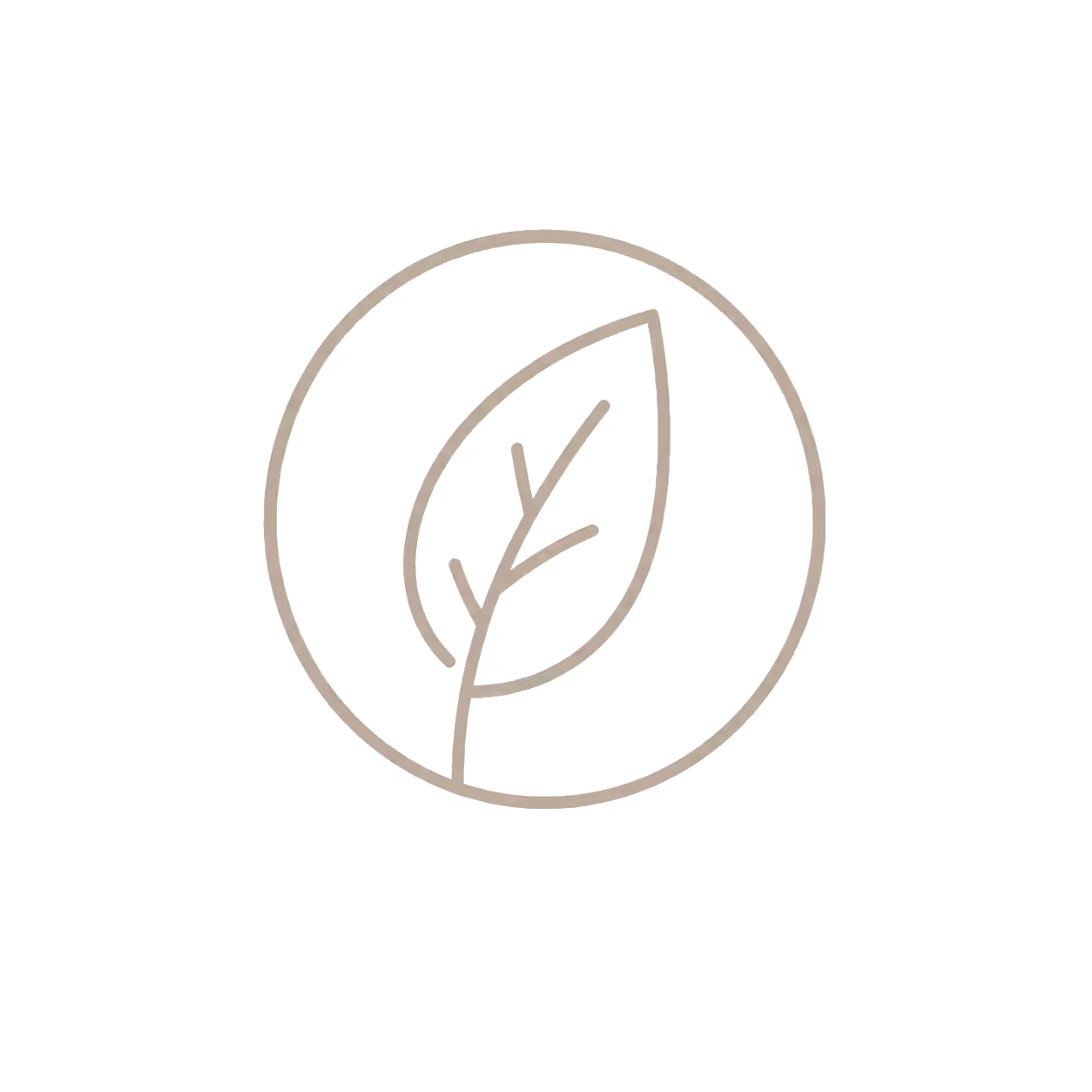Outline of a single leaf with veins inside a circle in a beige color on white background.