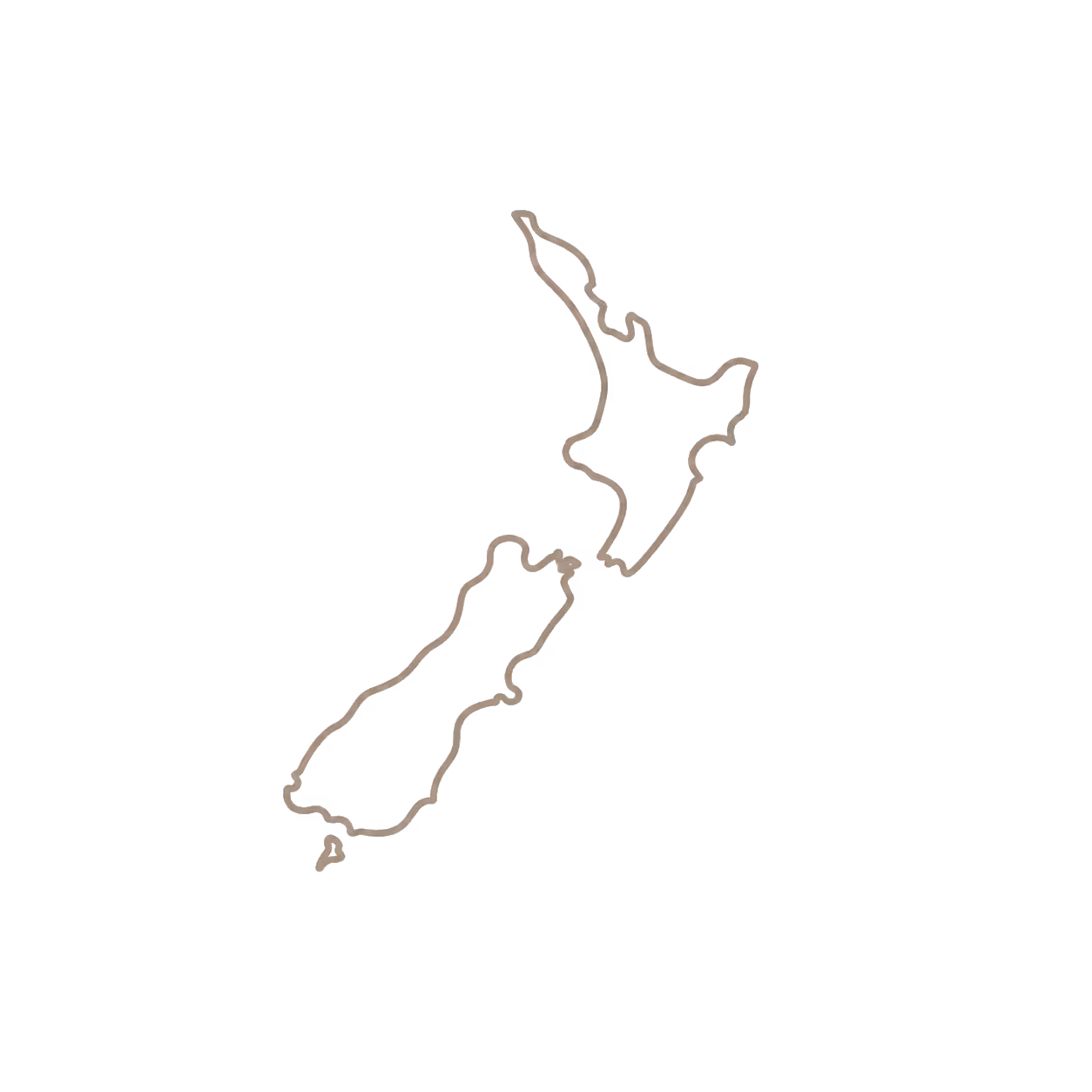 Outline map of New Zealand showing North and South Islands in brown on white background.