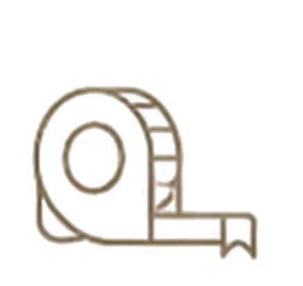 Outline icon of a tape measure with a ribbon end extending forward.