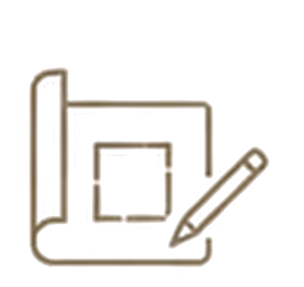 Line icon of a pencil drawing on a rolled blueprint with a square in the center.