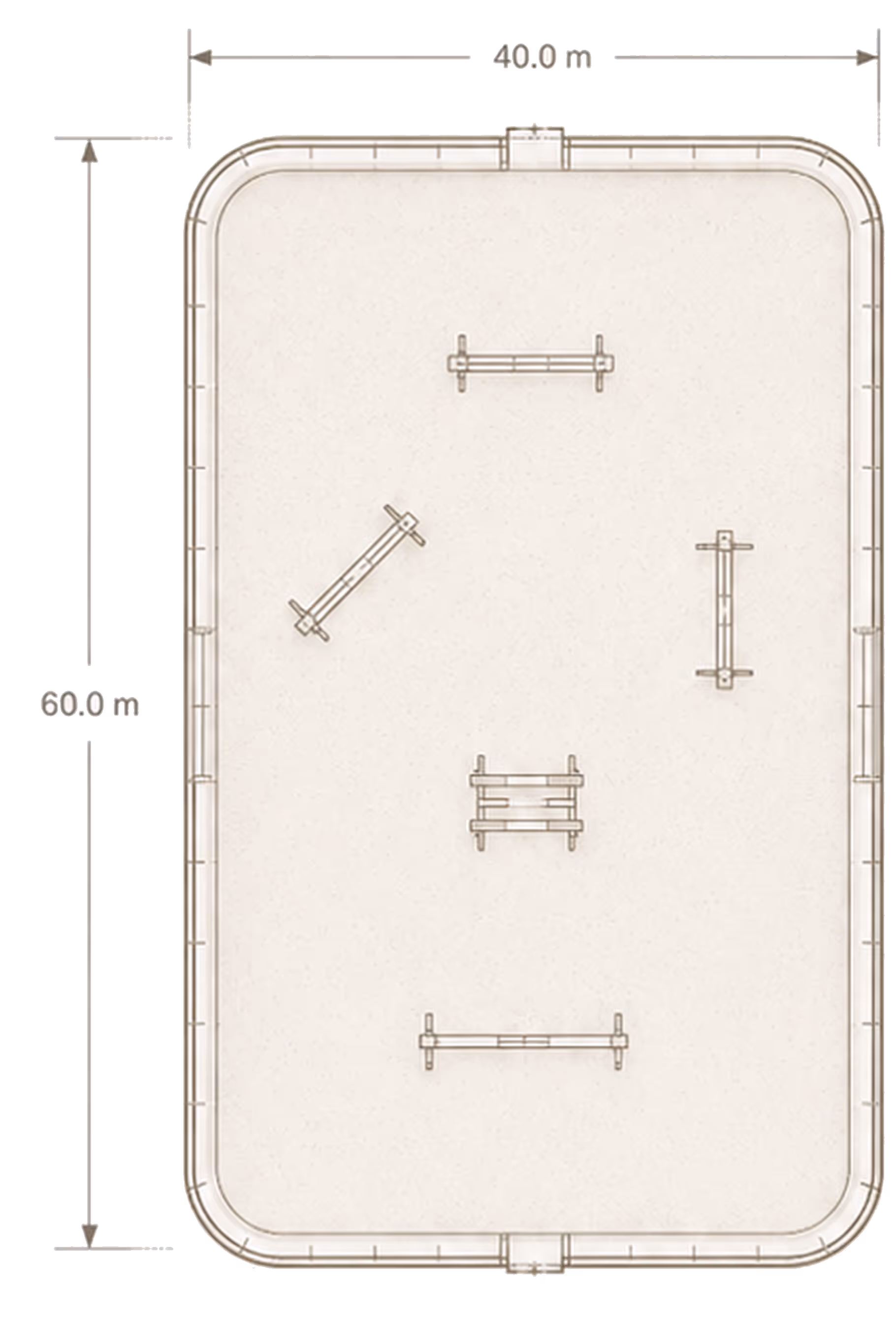 Top-down layout of a 40 by 60 meter rectangular arena with five obstacle structures inside.